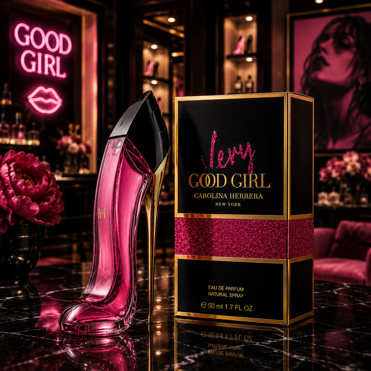 Carolina Herrera Very Good Girl Glam Eau De Parfum 1.7 Oz in a glamorous high heel bottle with floral accents.