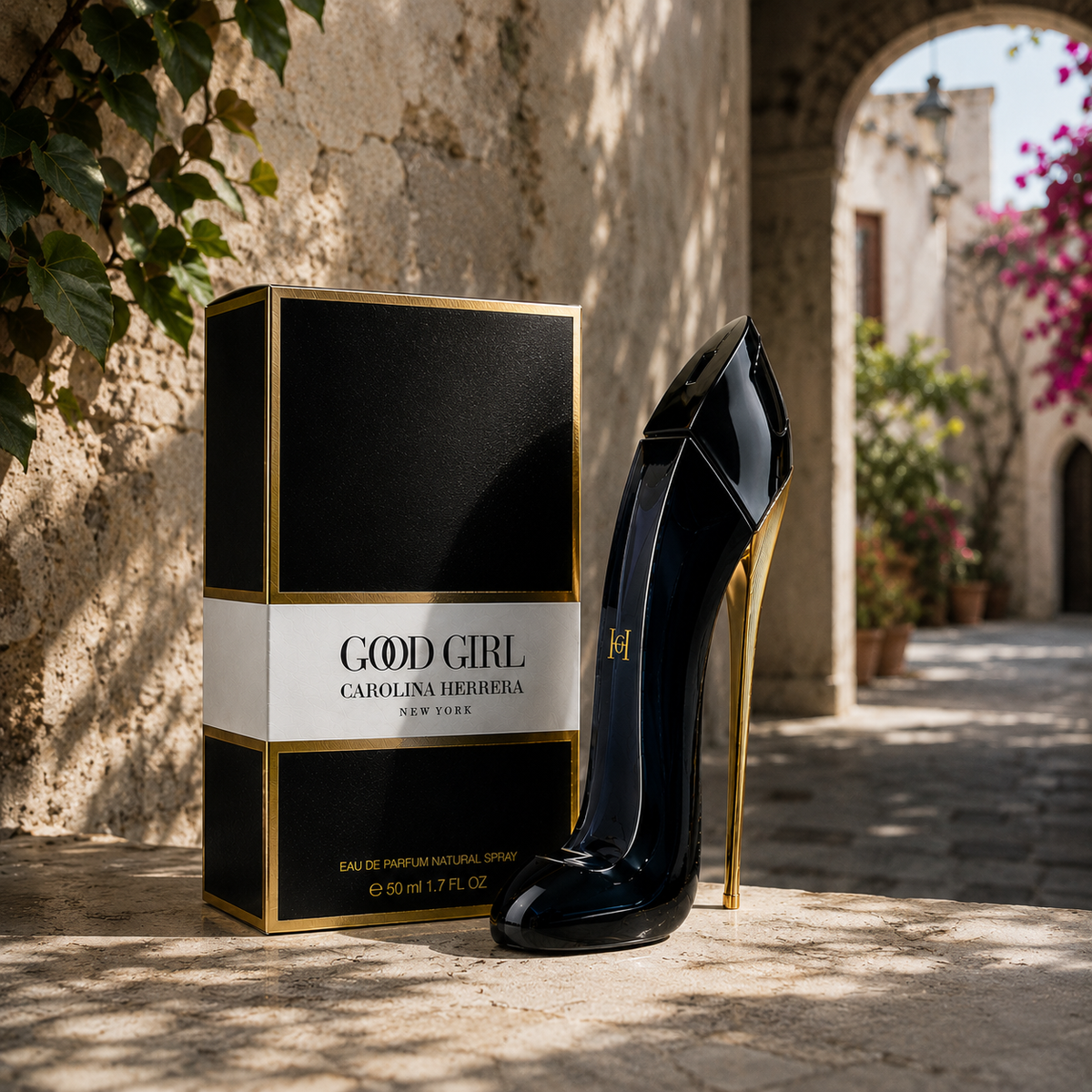 Good Girl by Carolina Herrera 5.1 oz Eau De Parfum packaging with high heel bottle in a picturesque outdoor setting.
