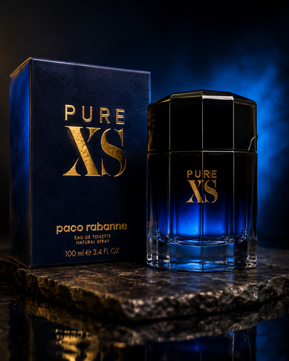 Pure XS by Paco Rabanne Eau De Toilette 3.4 oz for men blends fresh, aromatic, warm, and sensual notes into a captivating masculine fragrance.