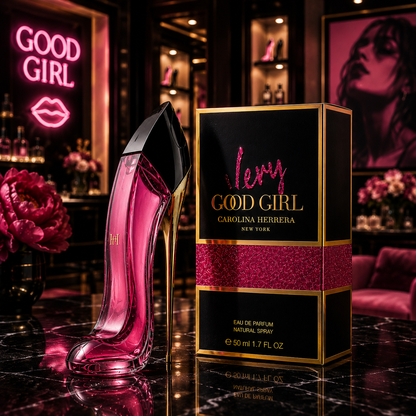 Carolina Herrera Very Good Girl Glam Eau De Parfum 1.7 Oz in a glamorous high heel bottle with floral accents.