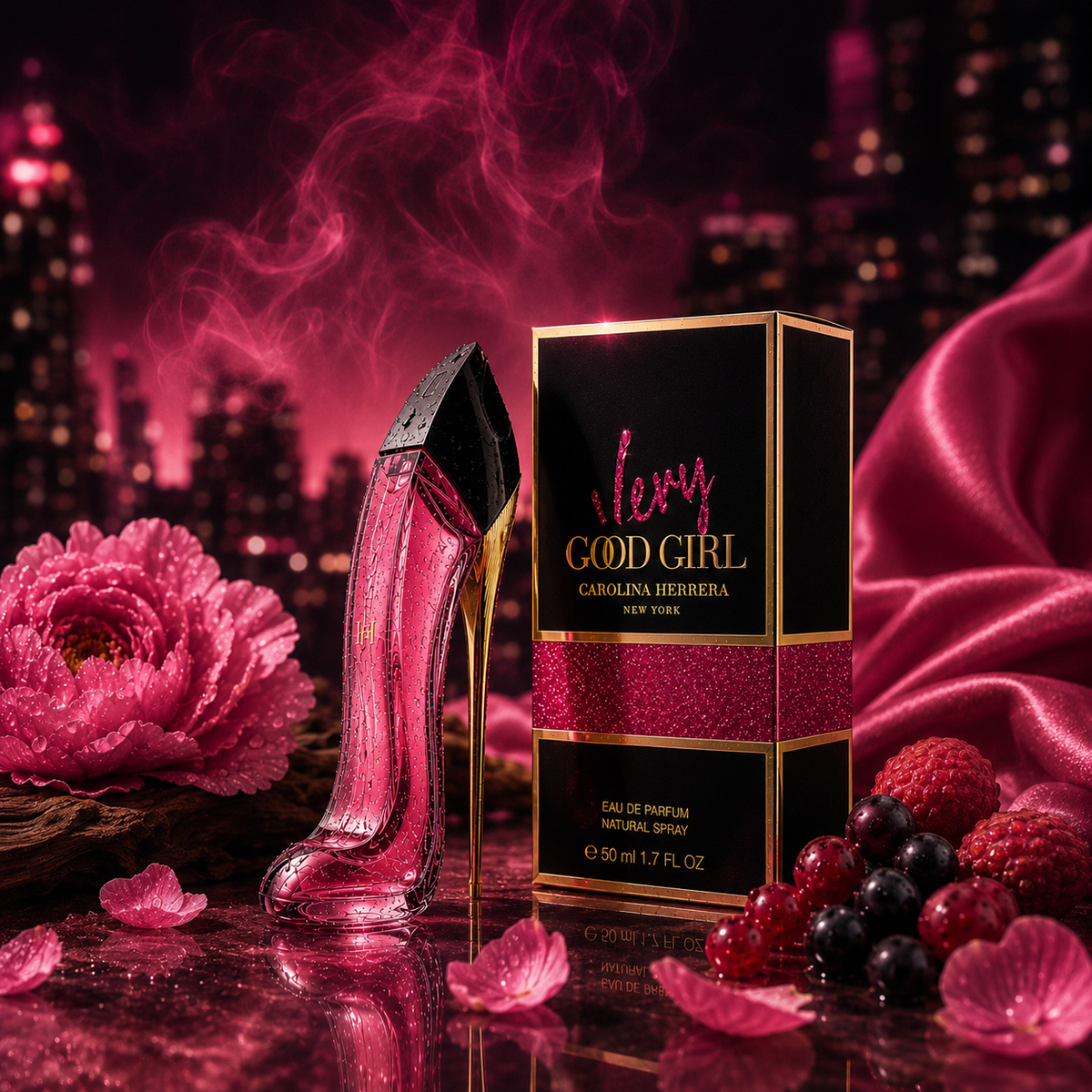 Carolina Herrera Very Good Girl Glam Eau De Parfum 1.7 Oz in a glamorous high heel bottle with floral accents.