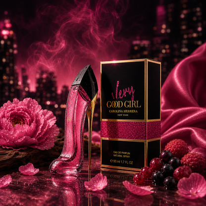 Carolina Herrera Very Good Girl Glam Eau De Parfum 1.7 Oz in a glamorous high heel bottle with floral accents.