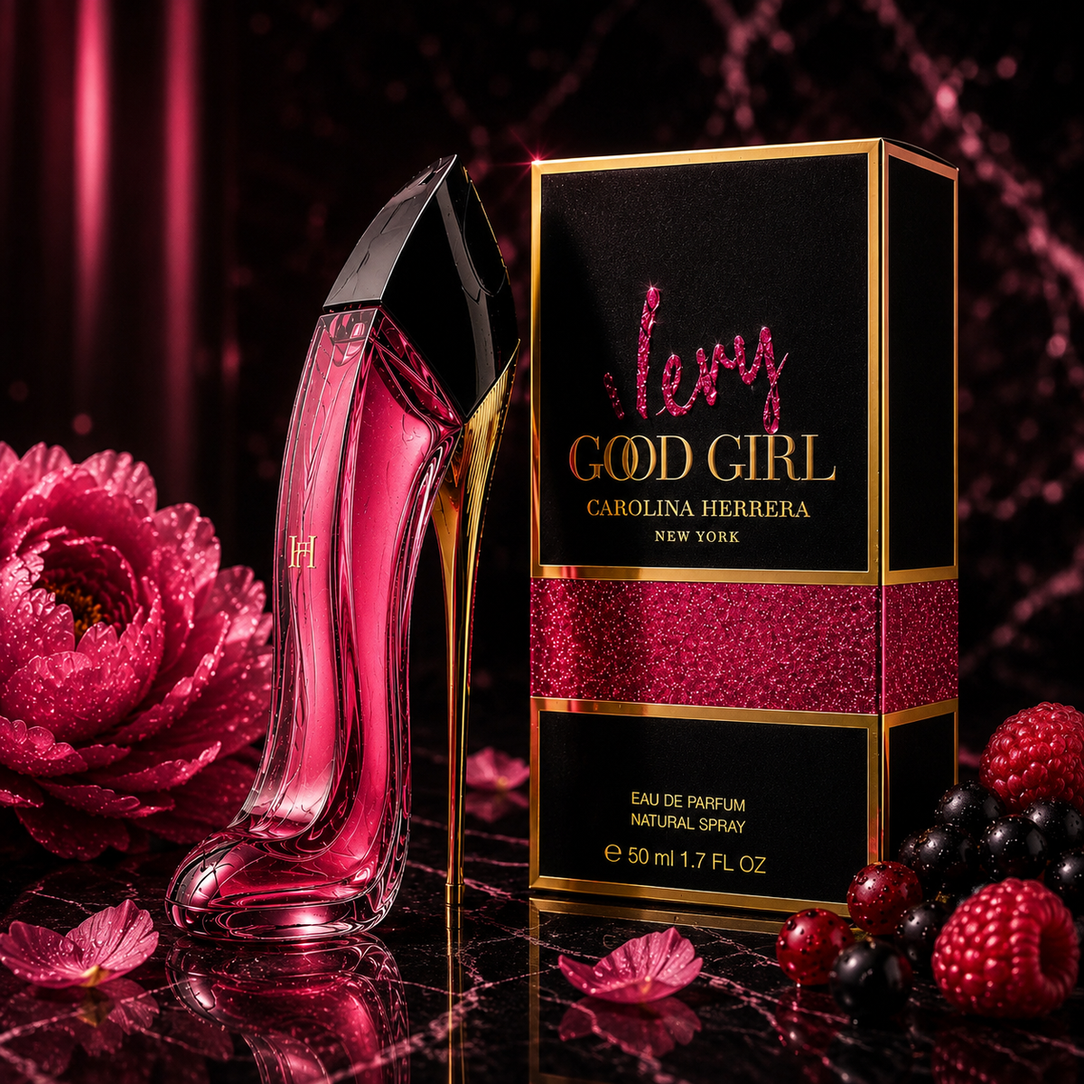 Carolina Herrera Very Good Girl Glam Eau De Parfum 1.7 Oz in a glamorous high heel bottle with floral accents.
